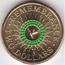 2014 $2 Remembrance Day Dove Carrying Olive Branch Green Coin Uncirculated