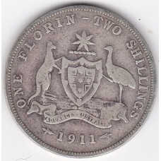 1911 Florin King George V Coat of Arms 92.5% Silver "Fine"