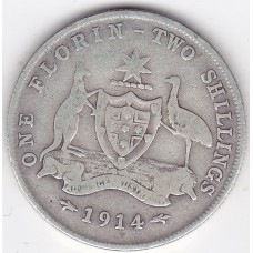 1914 Florin King George V Coat of Arms 92.5% Silver "Very Good"