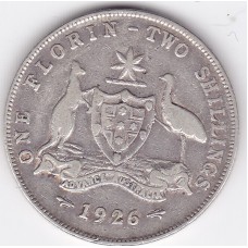 1926 Florin King George V Coat of Arms 92.5% Silver "Very Good"