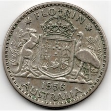 1956 Florin Queen Elizabeth II Coat of Arms 50% Silver Coin