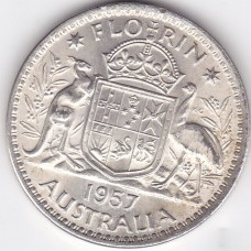 1957 Florin Queen Elizabeth II Coat of Arms 50% Silver "Extra Fine"