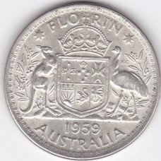 1959 Florin Queen Elizabeth II Coat of Arms 50% Silver "Extra Fine"