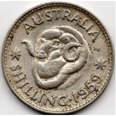 1959 Shilling Queen Elizabeth II Rams Head 50% Silver Coin