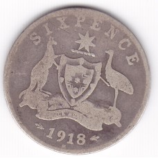1918 Commonwealth King George V Sixpence 92.5% Silver Coin Good