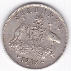 1919 Commonwealth King George V Sixpence 92.5% Silver Coin Fine