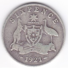 1921 Commonwealth King George V Sixpence 92.5% Silver Coin Fine