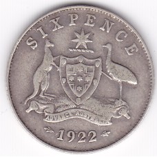 1922 Commonwealth King George V Sixpence 92.5% Silver Coin Fine