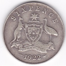 1922 Commonwealth King George V Sixpence 92.5% Silver Coin Fine