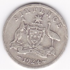 1924 Commonwealth King George V Sixpence 92.5% Silver Coin Fine
