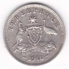 1910 Commonwealth King Edward VII Threepence 92.5% Silver Coin Very Fine