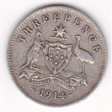 1914 Commonwealth King George V Threepence 92.5% Silver Coin Fine