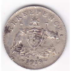 1919 Commonwealth King George V Threepence 92.5% Silver Coin Fine