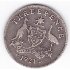 1921 Commonwealth King George V Threepence 92.5% Silver Coin Fine