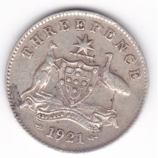 1921 M Commonwealth King George V Threepence 92.5% Silver Coin Fine