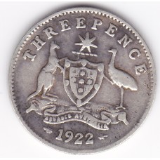 1922 Commonwealth King George V Threepence 92.5% Silver Coin Fine
