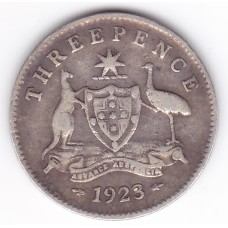 1923 Commonwealth King George V Threepence 92.5% Silver Coin Fine