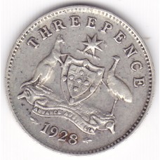 1928 Commonwealth King George V Threepence 92.5% Silver Coin Fine